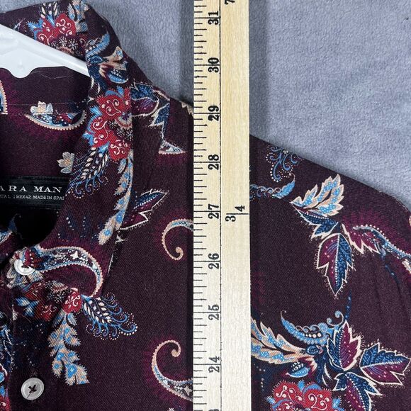 Zara Shirt Men's Large Burgundy Paisley Classic Long Sleeve Collared Button-Up - Picture 4 of 5